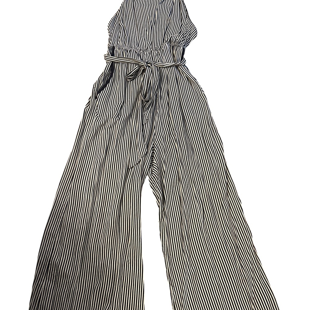 Aakaa Black and White Striped Jumpsuit with Tie Waist
